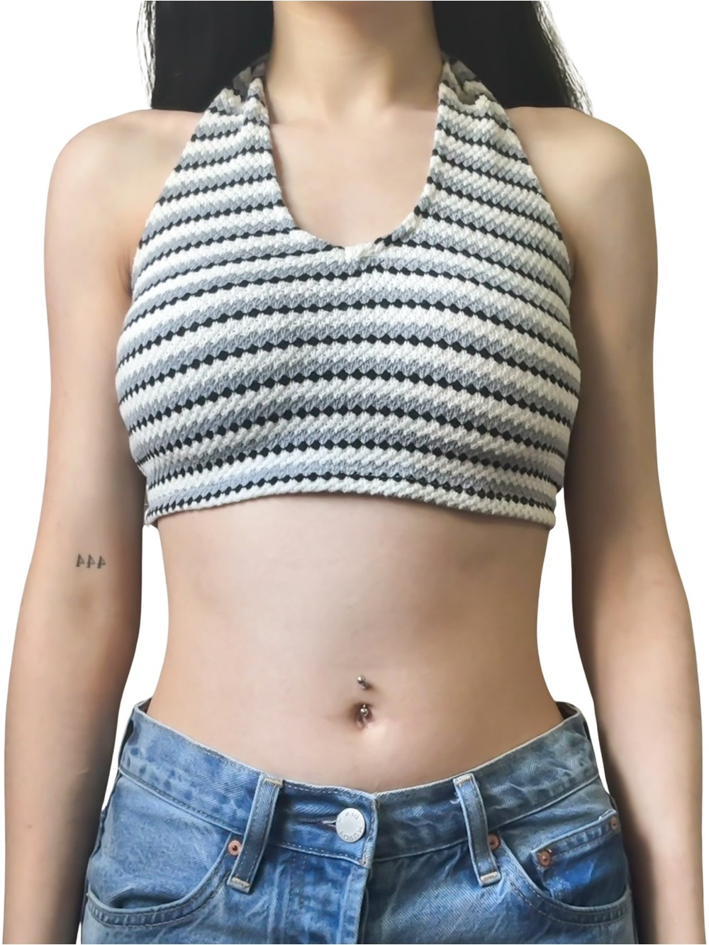 DOUBLE ZERO Halter Crop Top Striped Black Grey and White Size S EUC